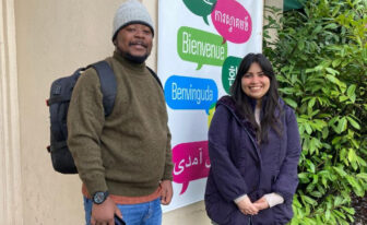 2025 ELAW Fellows Pascal Mirindi (Democratic Republic of Congo) and Shahinaz Adel (Egypt) outside the University of Oregon's American English Institute.