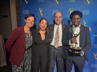 Brigadier Siatchitema (at right) joins (left to right) film producers Mallory Newman, Emma Schwartz, and David Ritsher at the 46th Annual Emmy Awards. The Grab was nominated for four Emmys and won for outstanding documentary research.