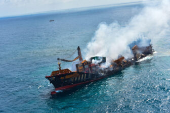 The-X-Press Pearl cargo ship, near Colombo Port, Sri Lanka. PHOTO: Xinhua/Alamy