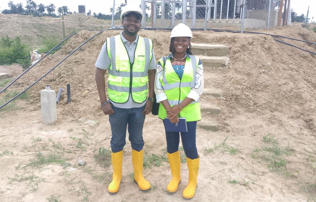 Courage Nsirimovu (left) and Victory Timizimor, Pilex Centre for Civic Education Initiative -- The Peoples Advocates, visit a soil and groundwater remediation site in Port Harcourt, Nigeria (September 2025).